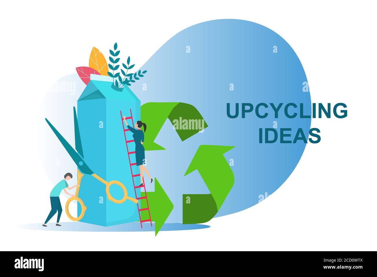 Upcycling ideas for secondary use of waste. People reusing milk carton on white background, vector illustration Stock Vector