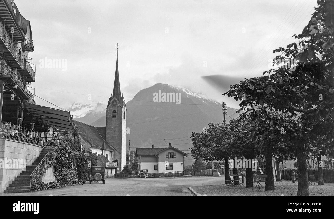 A vintage 1920s black and white photograph of the village of Heiden in Switzerland. Stock Photo