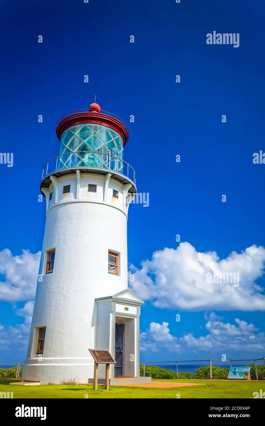 Kilauea Lighthouse, National Register of Historic Places against blue sky, Kilauea Point National Wildlife Refuge Stock Photo