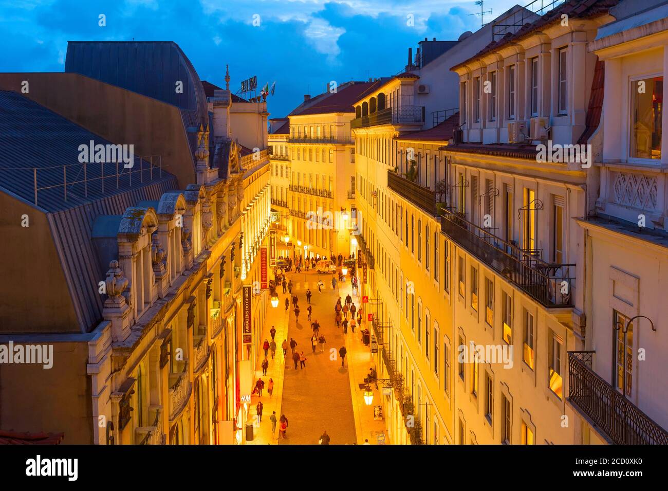 LISBON, PORTUGAL - JANUARY 28, 2020: Aerial view of Old Town shopping street in Lisbon crowded with people. Portugal Stock Photo