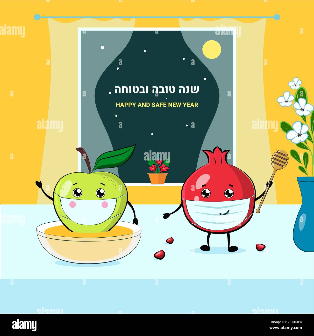 Rosh Hashanah Holiday Greeting Card With Funny Cartoon Kawaii Characters With Face Mask Stock Vector Image Art Alamy