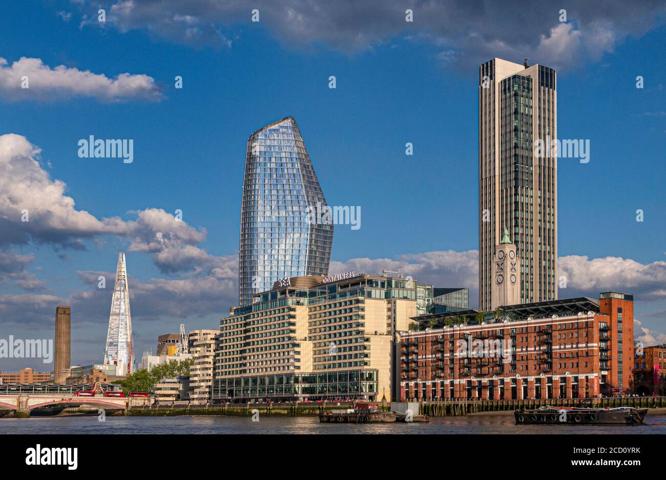 SOUTH BANK Sea Containers Hotel Complex, Bank Towers Cityscape River Thames, Oxo Tower & Wharf, One Blackfriars with The London Shard and Tate Modern River Thames South Bank London UK Stock Photo