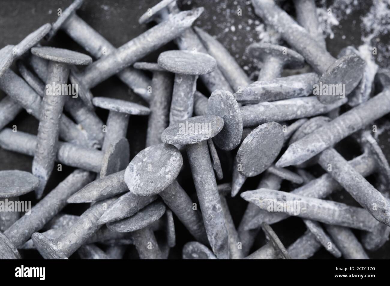 Hot dipped galvanized roofing nails detail. Top down view Stock Photo Alamy