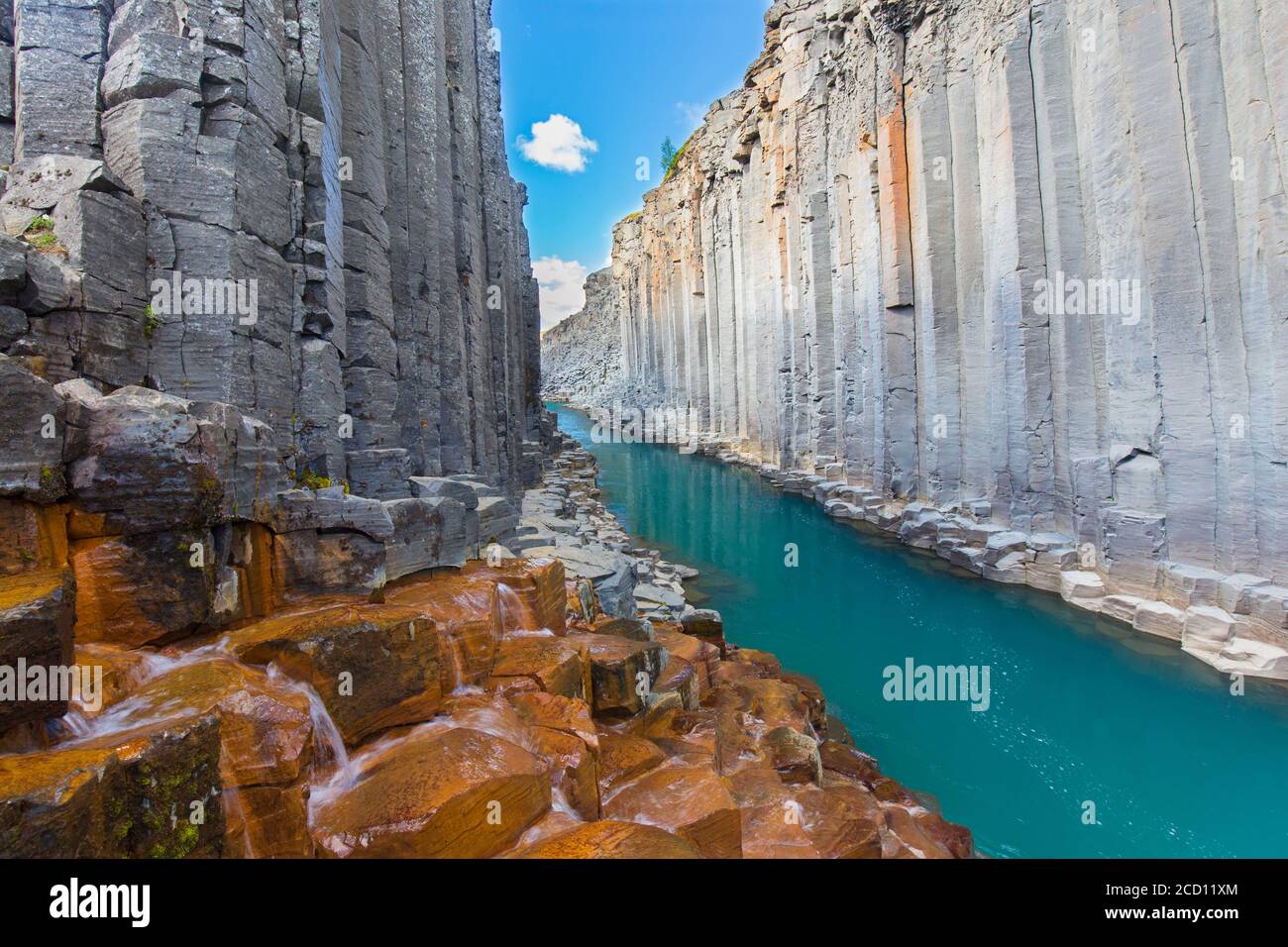 Jökla glacial river and basalt columns, volcanic rock formations at Studlagil / Stuðlagil Canyon, Jökuldalur / Glacier Valley, Austurland, Iceland Stock Photo