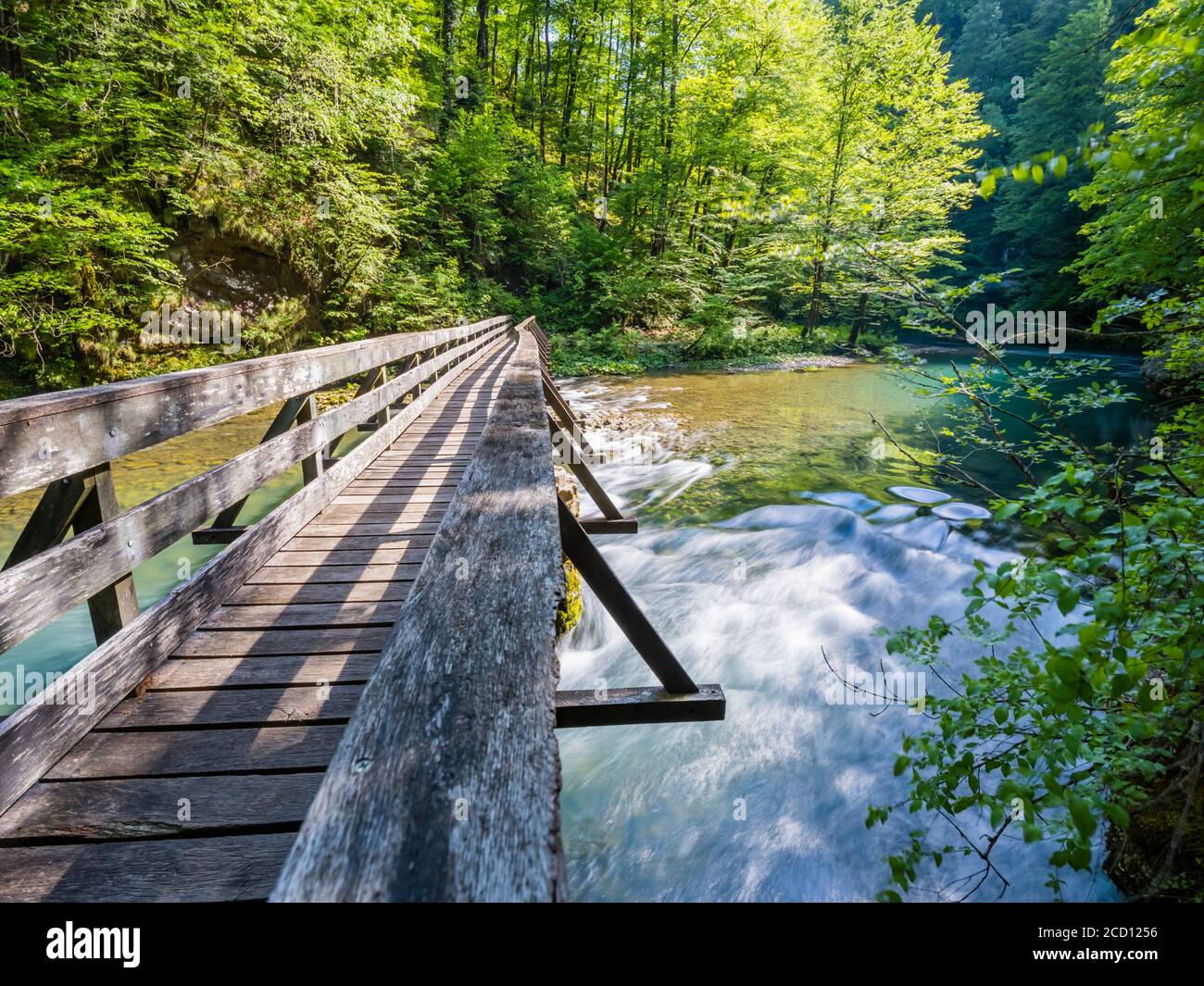 Wooden foot-bridge footbridge Kupa river near source Stock Photo