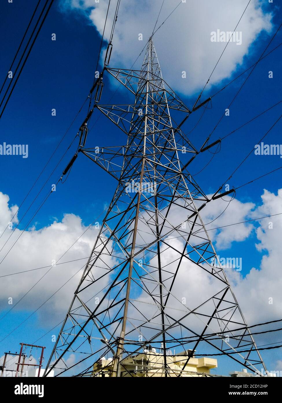 A picture of electric tower with sky background Stock Photo