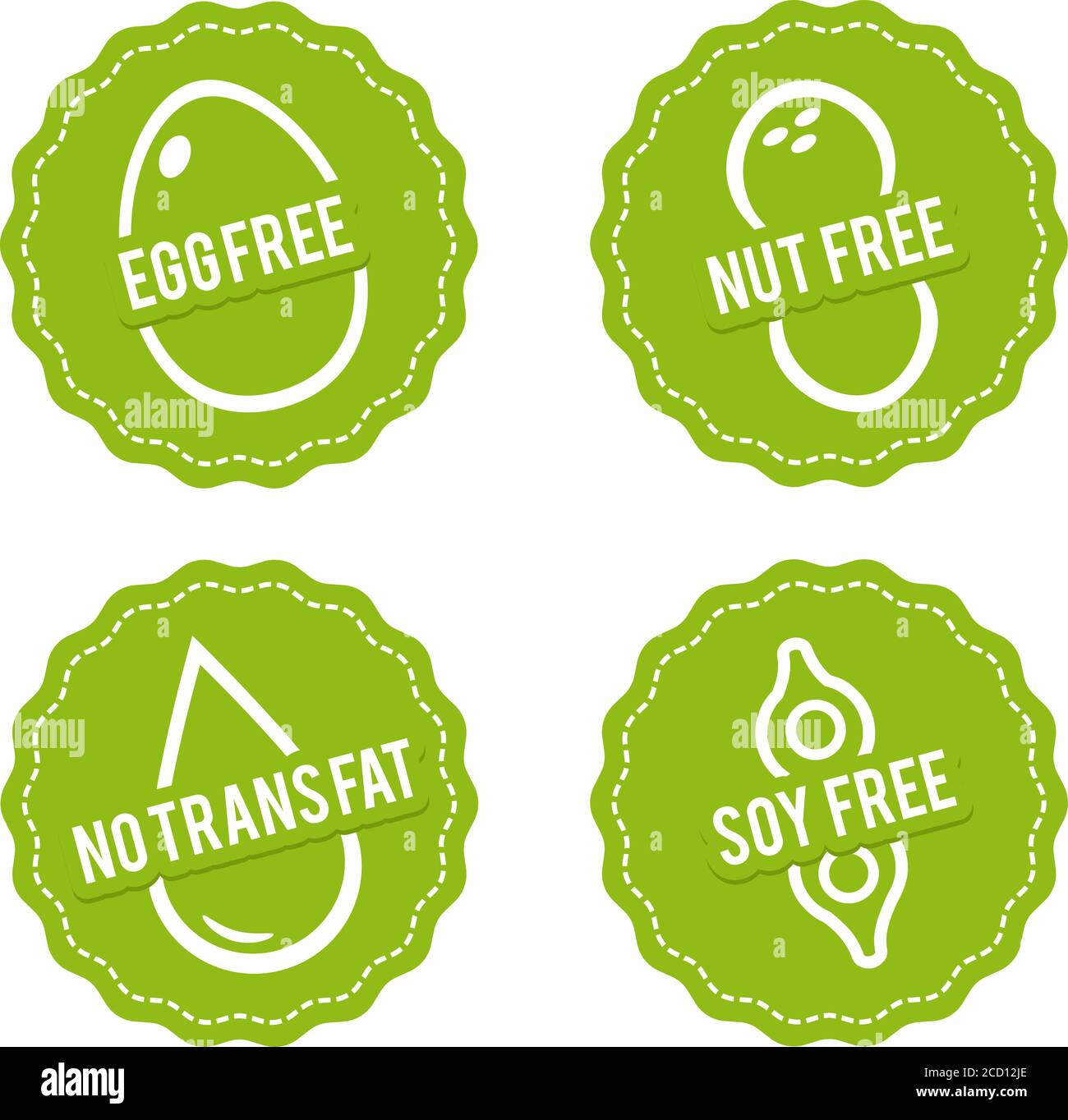 Set of Allergen free Badges. Egg free, Nut free, Soy free, No trans fat. Vector hand drawn Signs. Can be used for packaging Design. Stock Vector