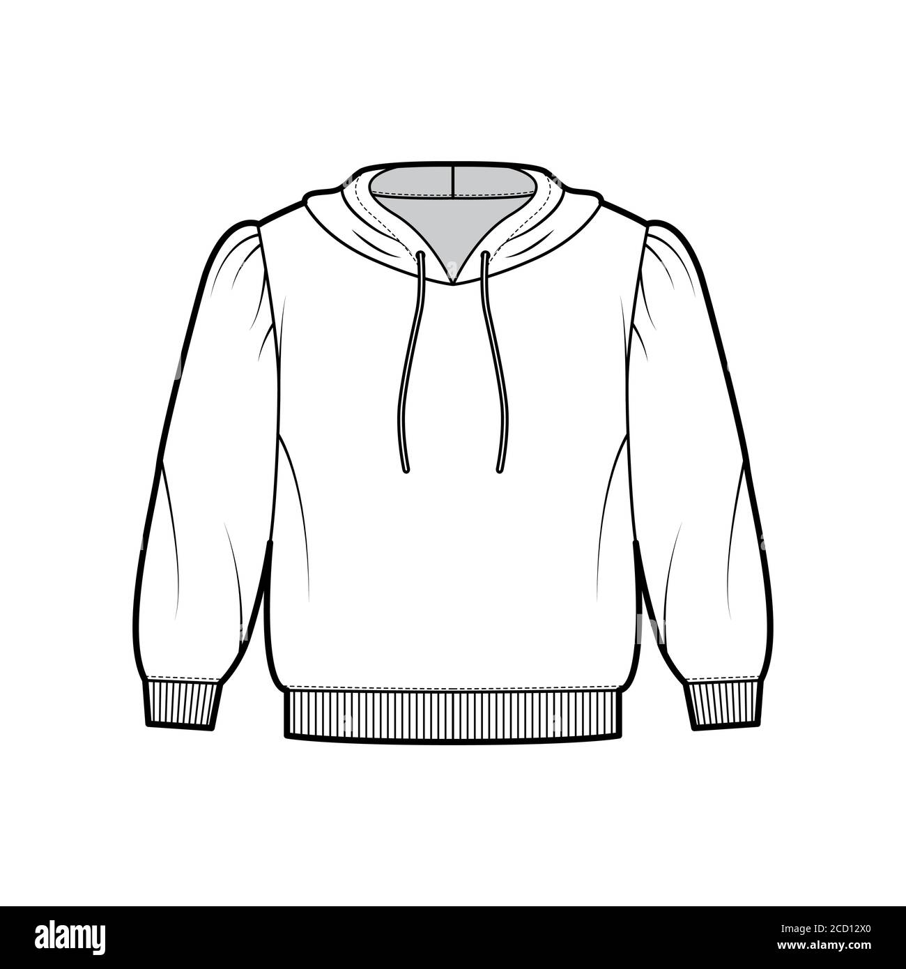 Cropped cotton-jersey hoodie technical fashion illustration with loose fit, puffed shoulders, elbow sleeves, ribbed trims. Flat jumper template front white color. Women men unisex sweatshirt top Stock Vector