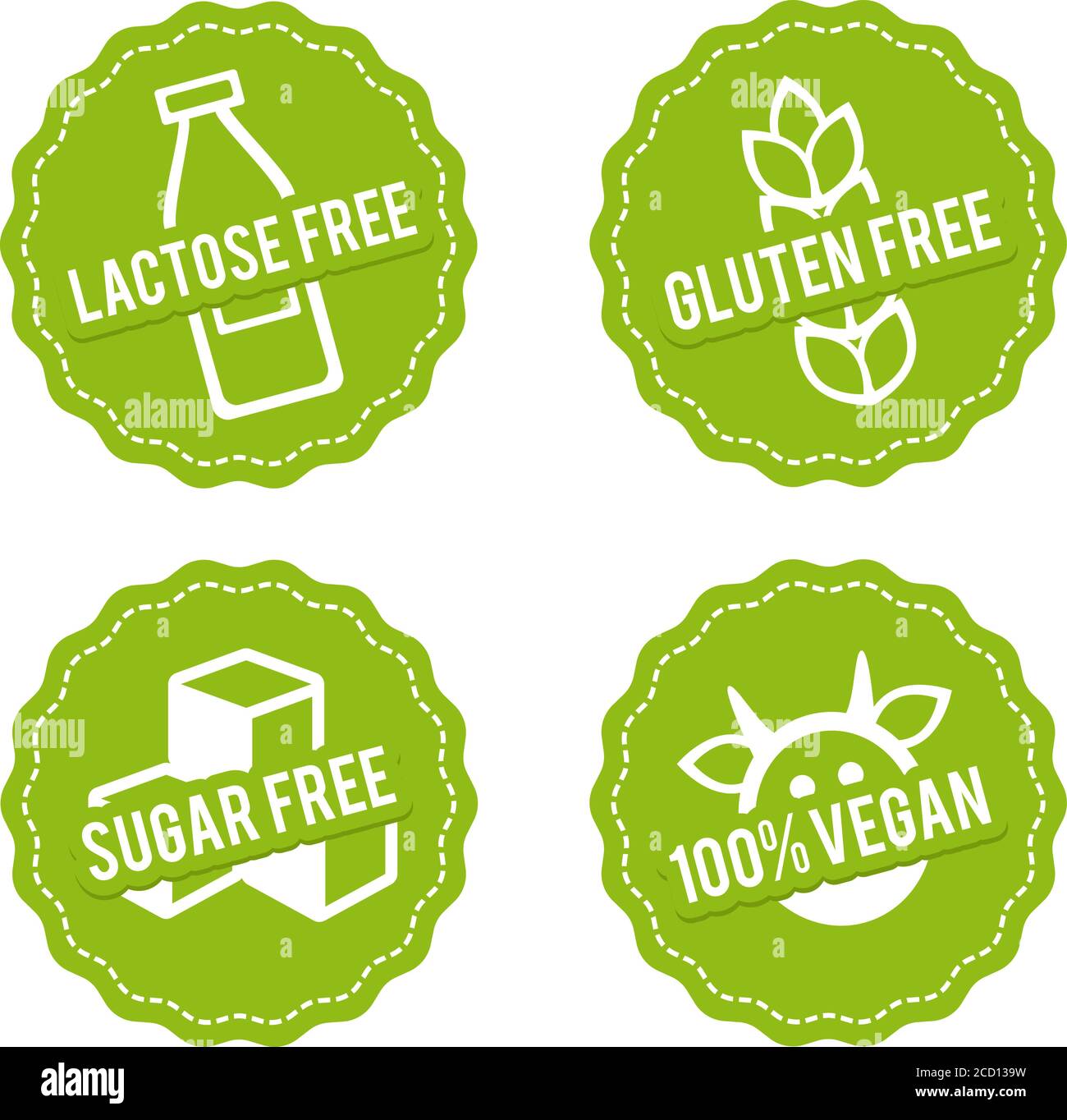 Set of Allergen free Badges. Lactose free, Gluten free, Sugar free, 100% Vegan. Vector hand drawn Signs. Can be used for packaging Design. Stock Vector