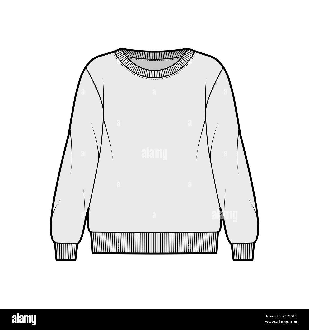 Oversized cotton-terry sweatshirt technical fashion illustration with crew neckline, long sleeves, ribbed trims. Flat outwear jumper apparel template front grey color. Women, men unisex top CAD Stock Vector