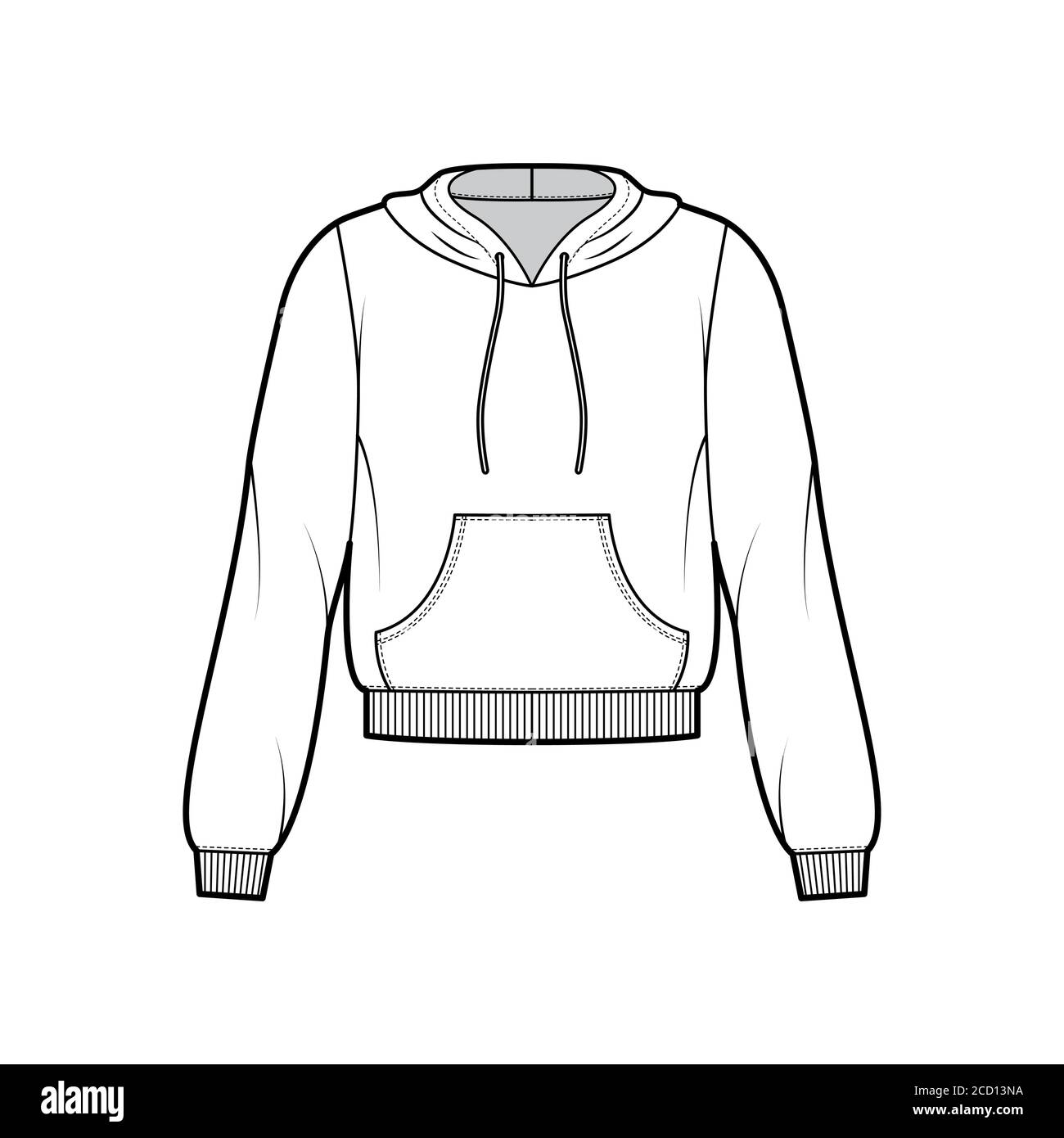 Cotton-fleece hoodie technical fashion illustration with relaxed fit, long sleeves, ribbed trims, front pocket. Flat jumper apparel template front, white color. Women, men, unisex sweatshirt top CAD Stock Vector