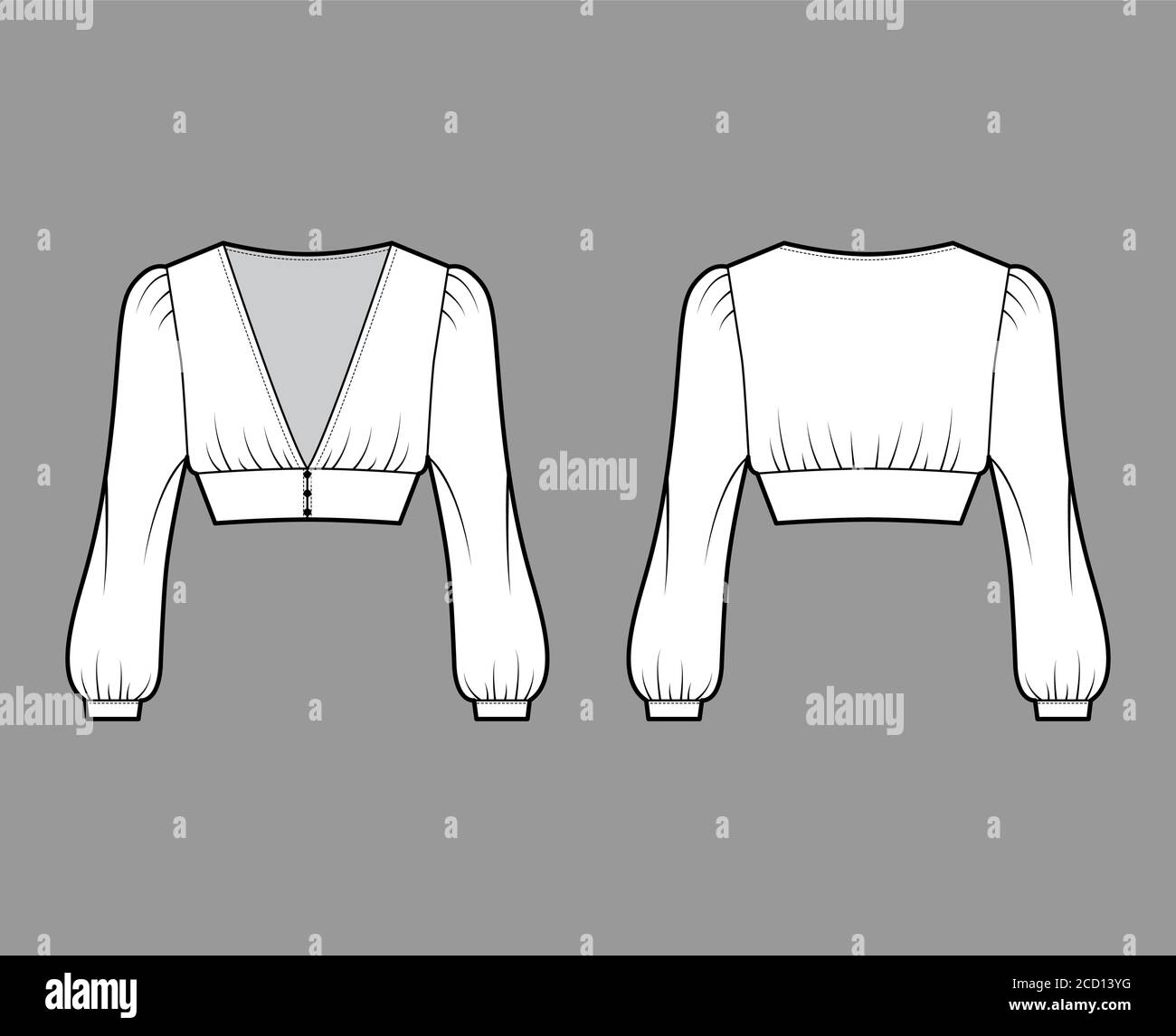 Cropped top technical fashion illustration with long bishop sleeves, puffed shoulders, front button fastenings. Flat apparel shirt template front back white color. Women men, unisex blouse CAD mockup Stock Vector