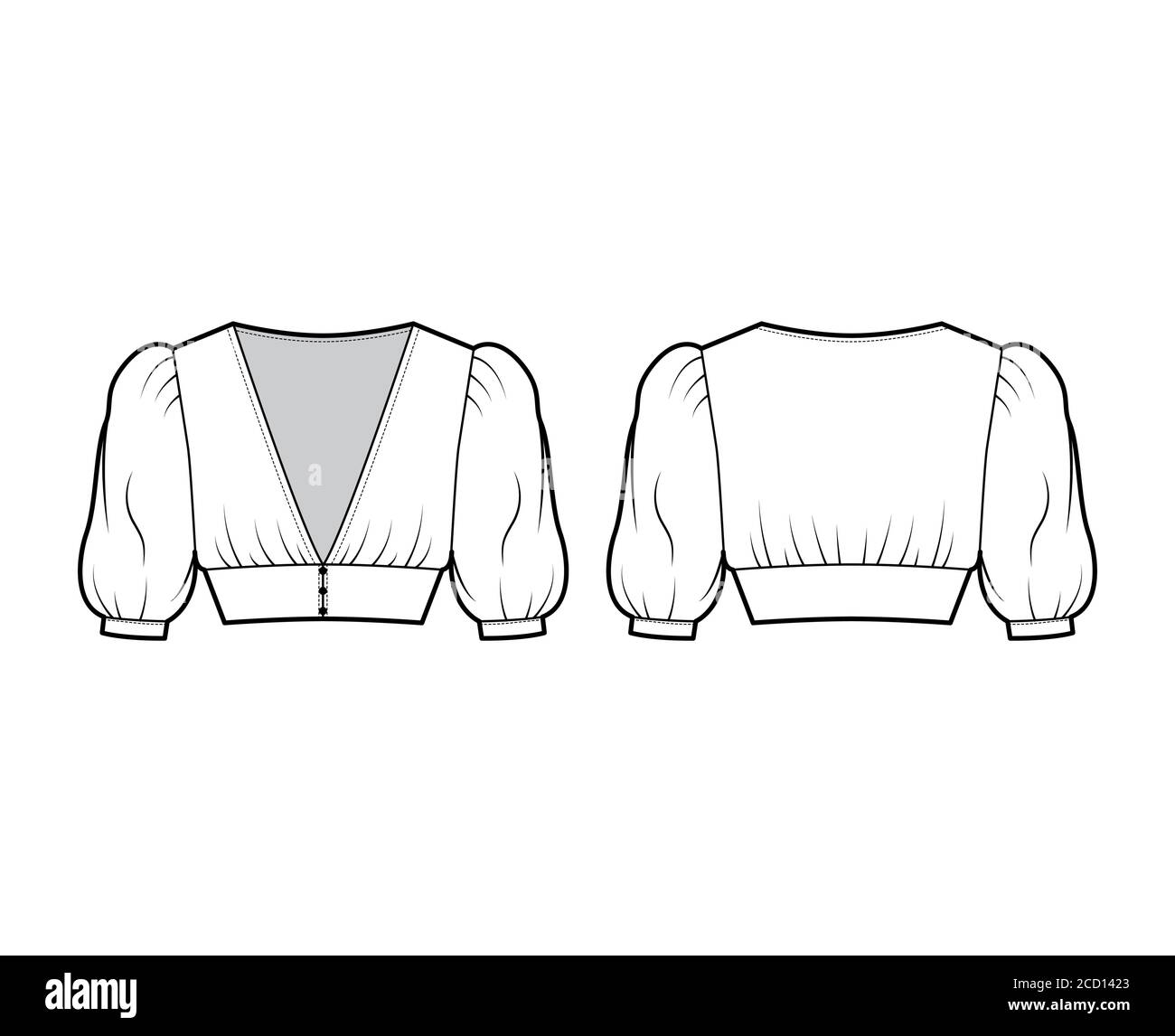 Cropped top technical fashion illustration with short sleeves, puffed shoulders, front button fastenings, fitted body. Flat apparel shirt template front back white color. Women men, unisex blouse CAD Stock Vector