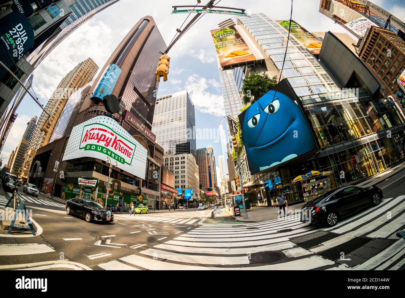 The soon to open Krispy Kreme superstore, scheduled to open September 15, left, and the M&M store in Times Square in New York on Saturday, August 22, 2020. Krispy Kreme is owned by JAB Holding Company which also owns other food purveyors, Pret A Manger and Panera Bread. (©  Richard B. Levine) Stock Photo