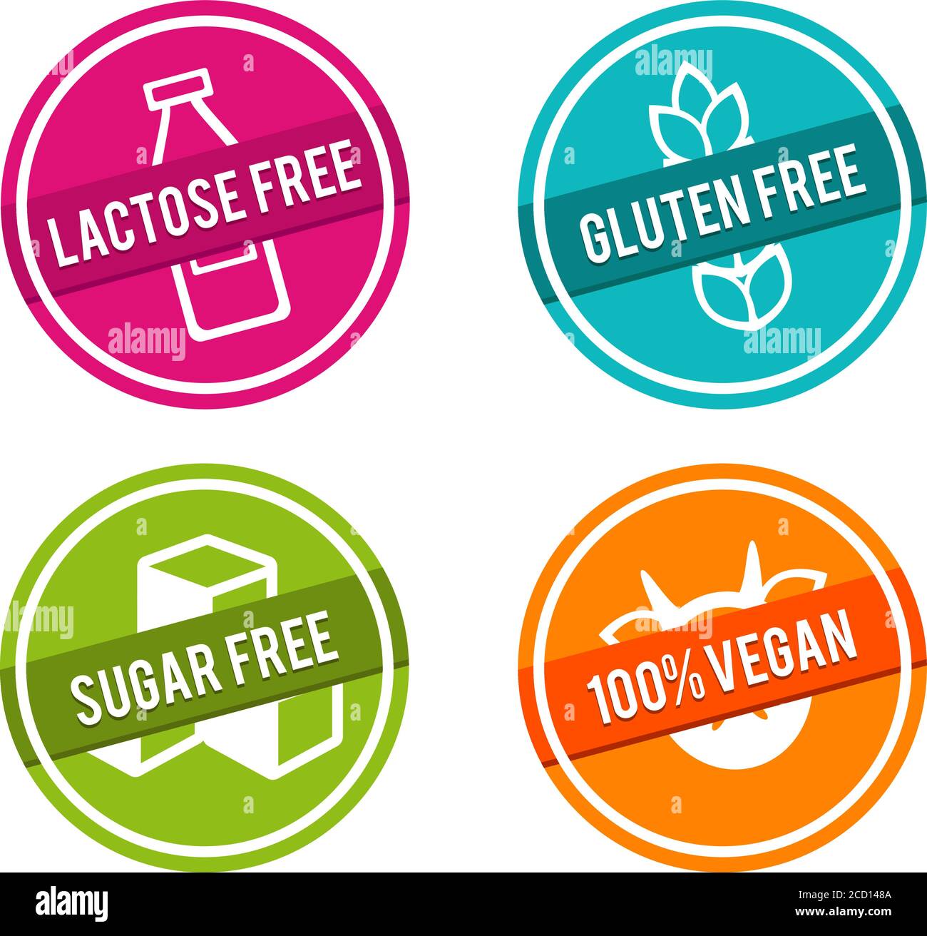 Set of Allergen free Badges. Lactose free, Gluten free, Sugar free, 100% Vegan. Vector hand drawn Signs. Can be used for packaging Design. Stock Vector