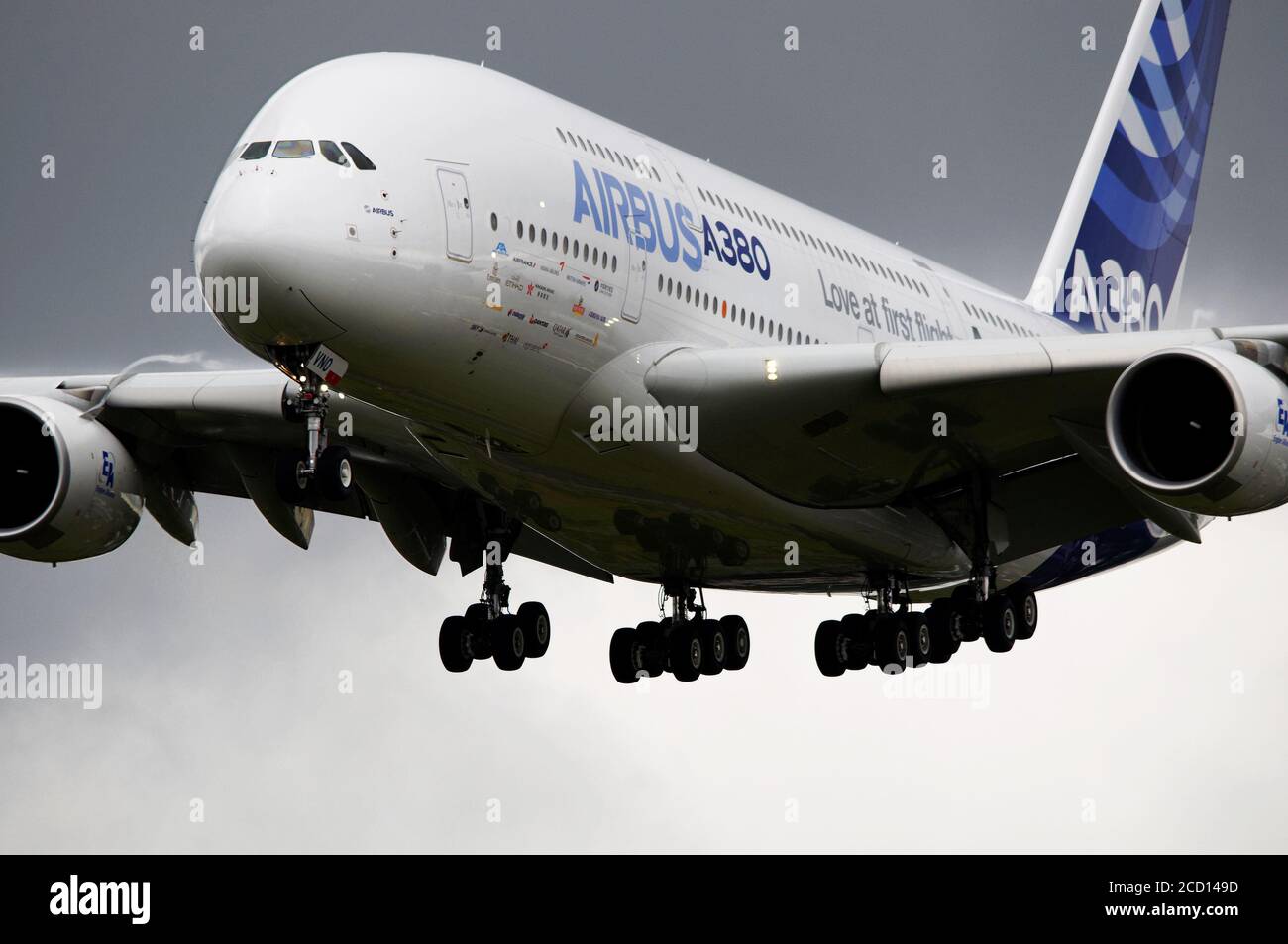 Airbus A380 approaching airport for landing Stock Photo