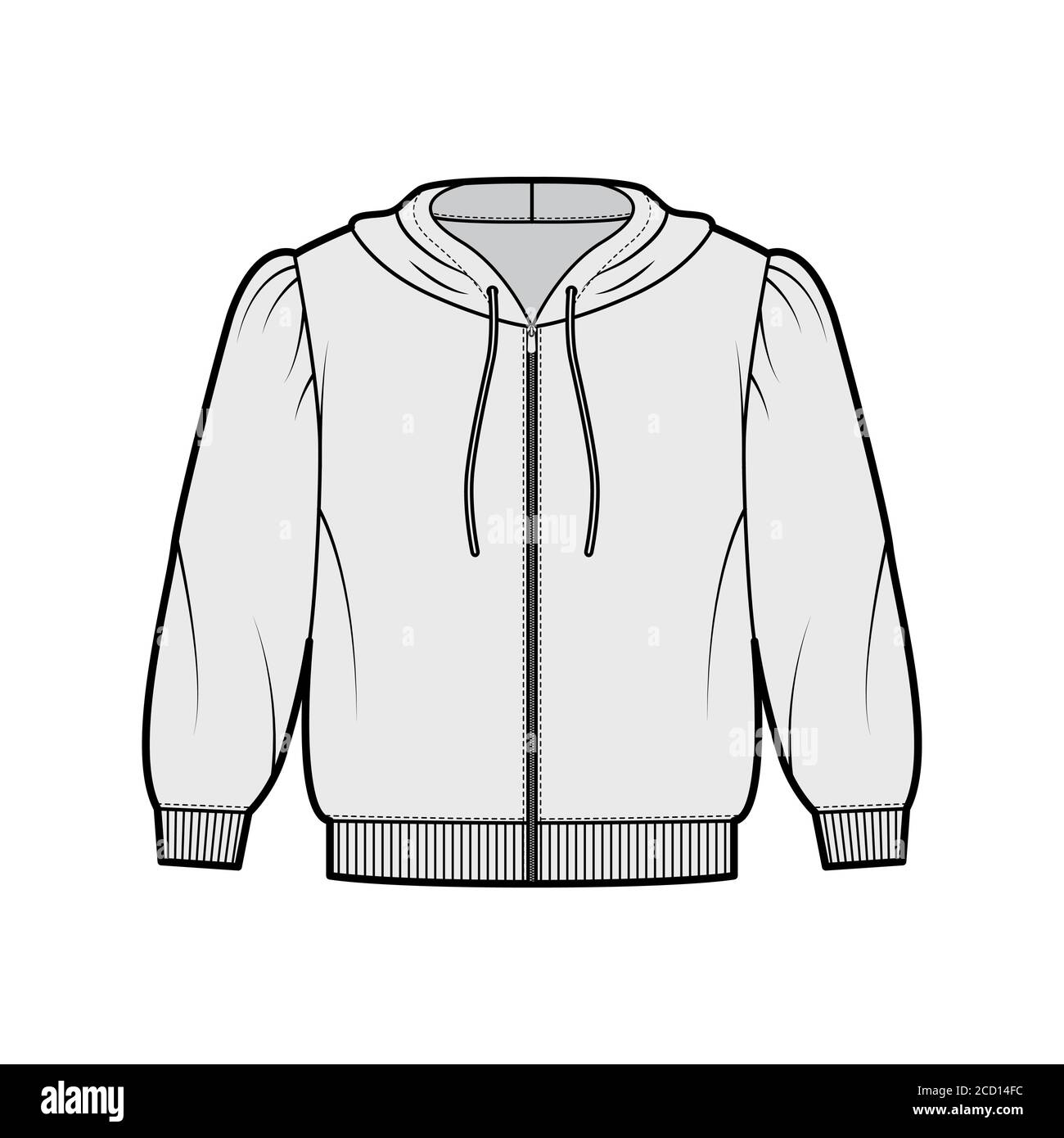 Zip-up cropped cotton-jersey hoodie technical fashion illustration with puffed shoulders, elbow sleeves, ribbed trims. Flat jumper apparel template front grey color. Women men unisex sweatshirt top Stock Vector