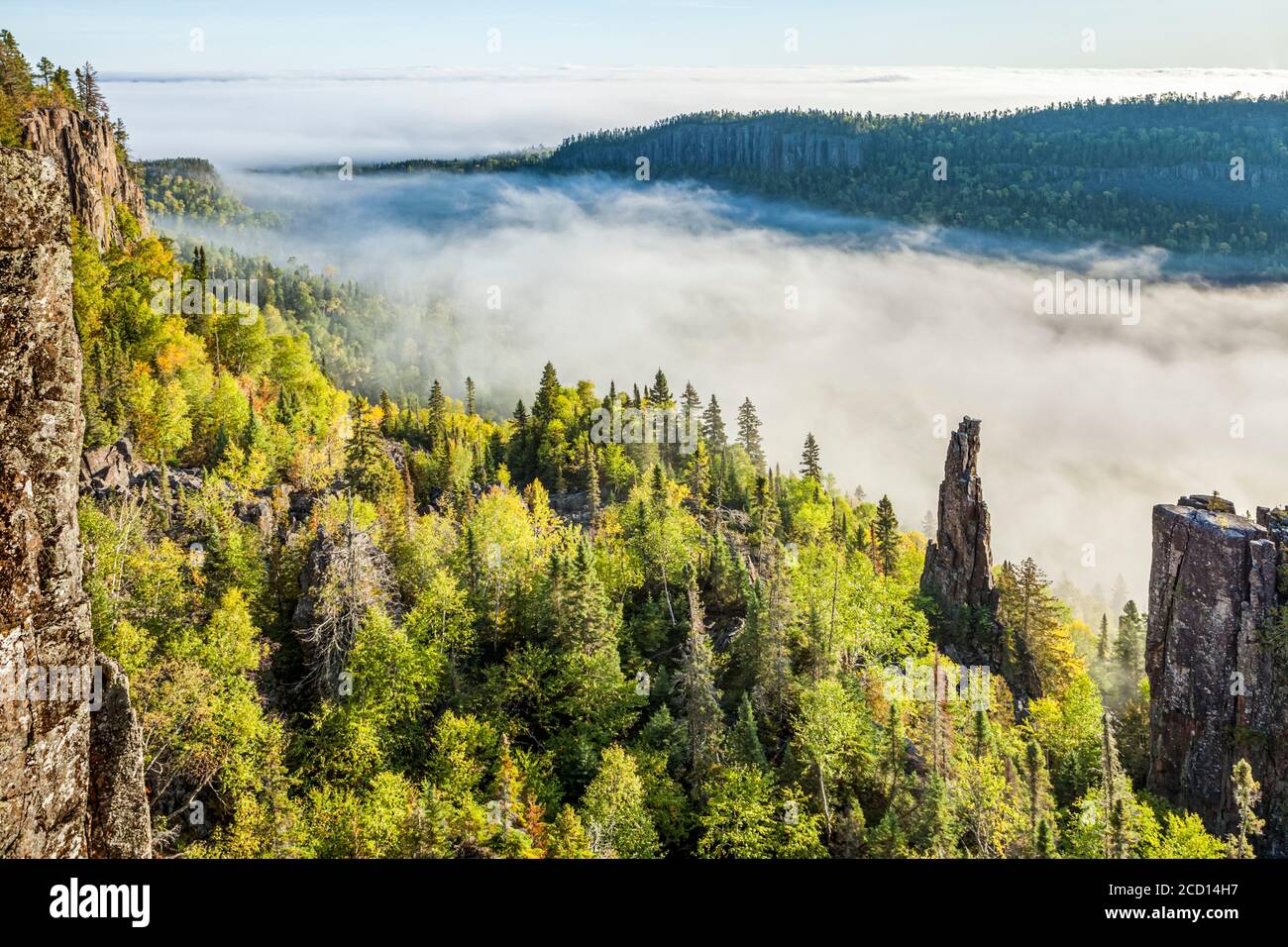 Sunrise over a misty, foggy valley in the Canadian Shield; Dorian, Ontario, Canada Stock Photo