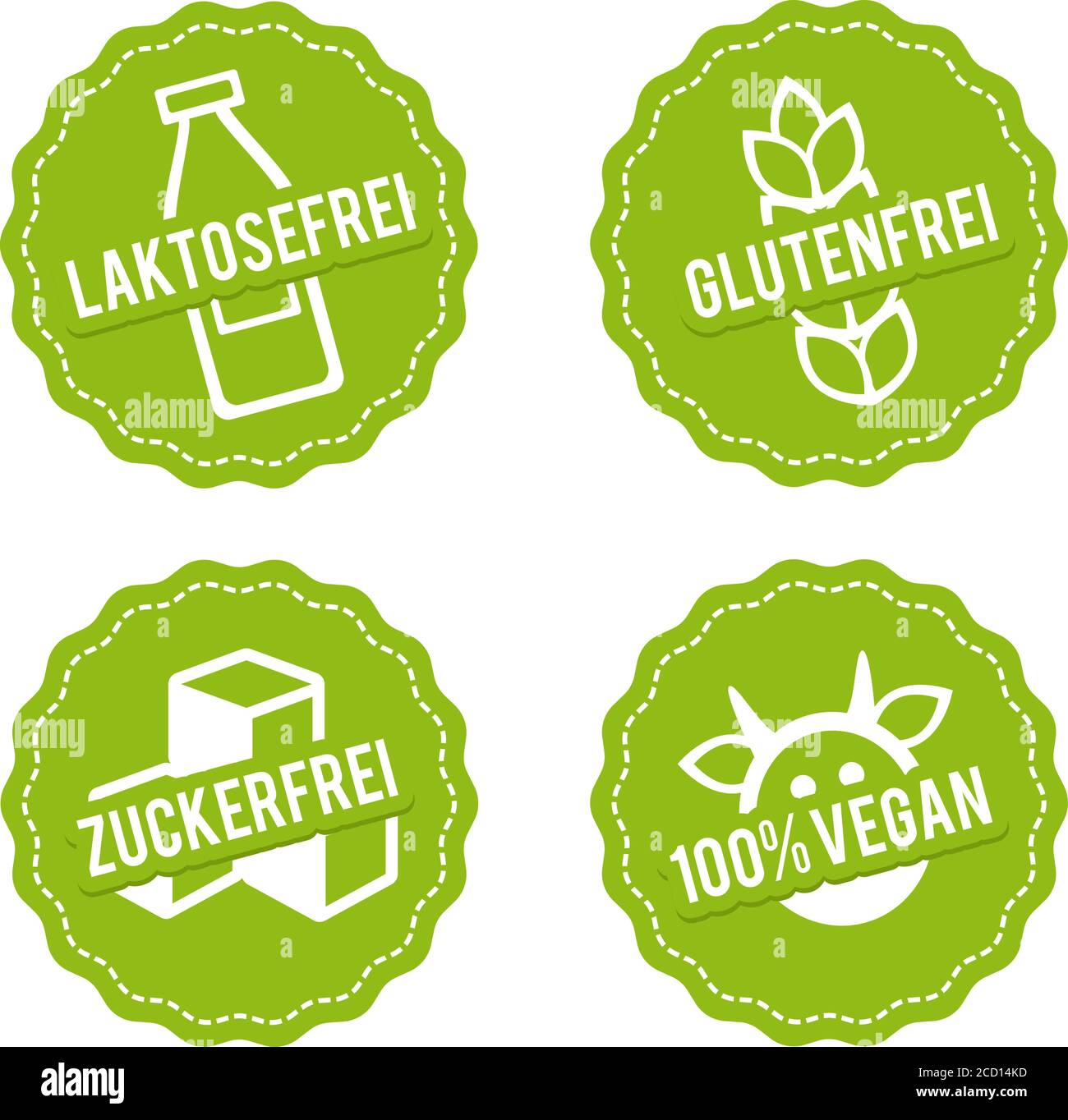 Vektor Symbole Vegan, Glutenfrei, Laktosefrei und Zuckerfrei. Stock Vector