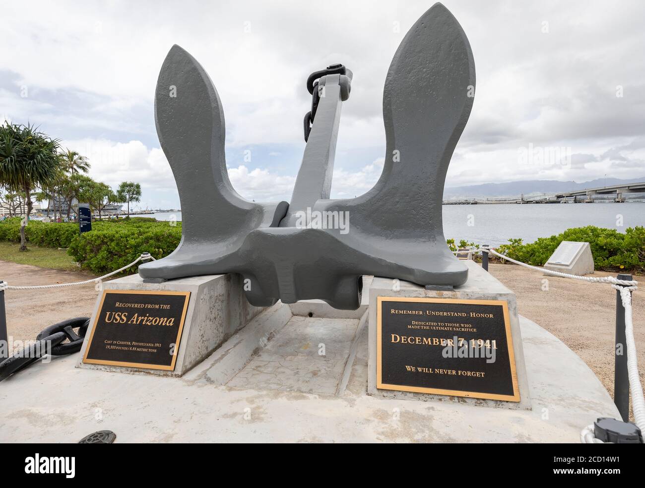 Anchor display on the shore of Pearl Harbour, war memorial; Oahu, Hawaii, United States of America Stock Photo