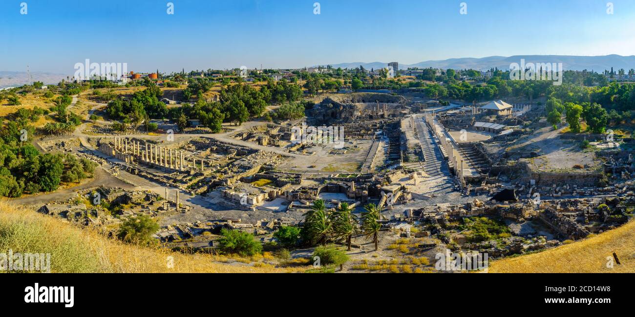 Panoramic view of the ancient Roman-Byzantine city of Bet Shean (Nysa-Scythopolis), now a National Park. Northern Israel Stock Photo