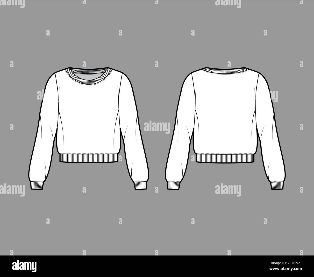Cotton-terry sweatshirt technical fashion illustration with relaxed fit, scoop neckline, long sleeves, ribbed trims. Flat outwear jumper apparel template front back white color. Women, men unisex top Stock Vector