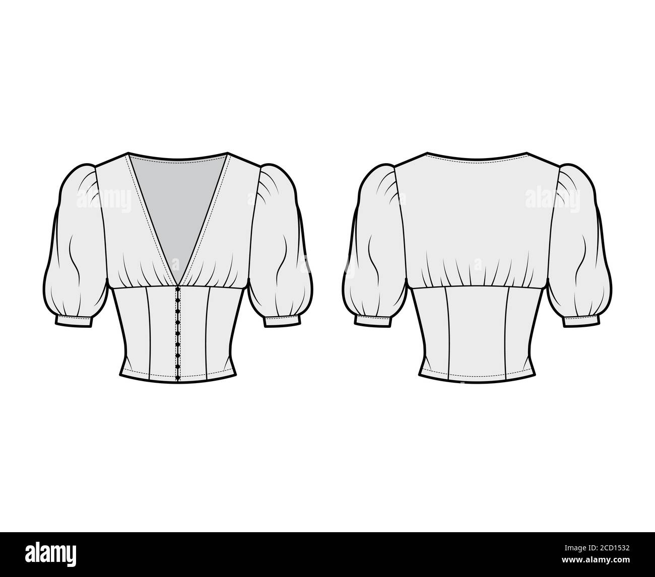 Cropped top technical fashion illustration with short sleeves, puffed shoulders, front button fastenings, fitted body. Flat apparel shirt template front back, grey color. Women men, unisex blouse CAD Stock Vector