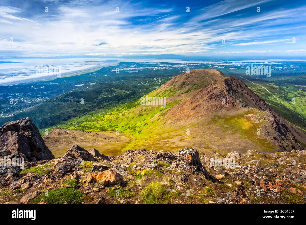 Flattop Mountains Peak 1, 2, and 3, viewed from Flaketop Mountain. Cook Inlet and Anchorage are in the background. Chugach State Park, South-centra... Stock Photo