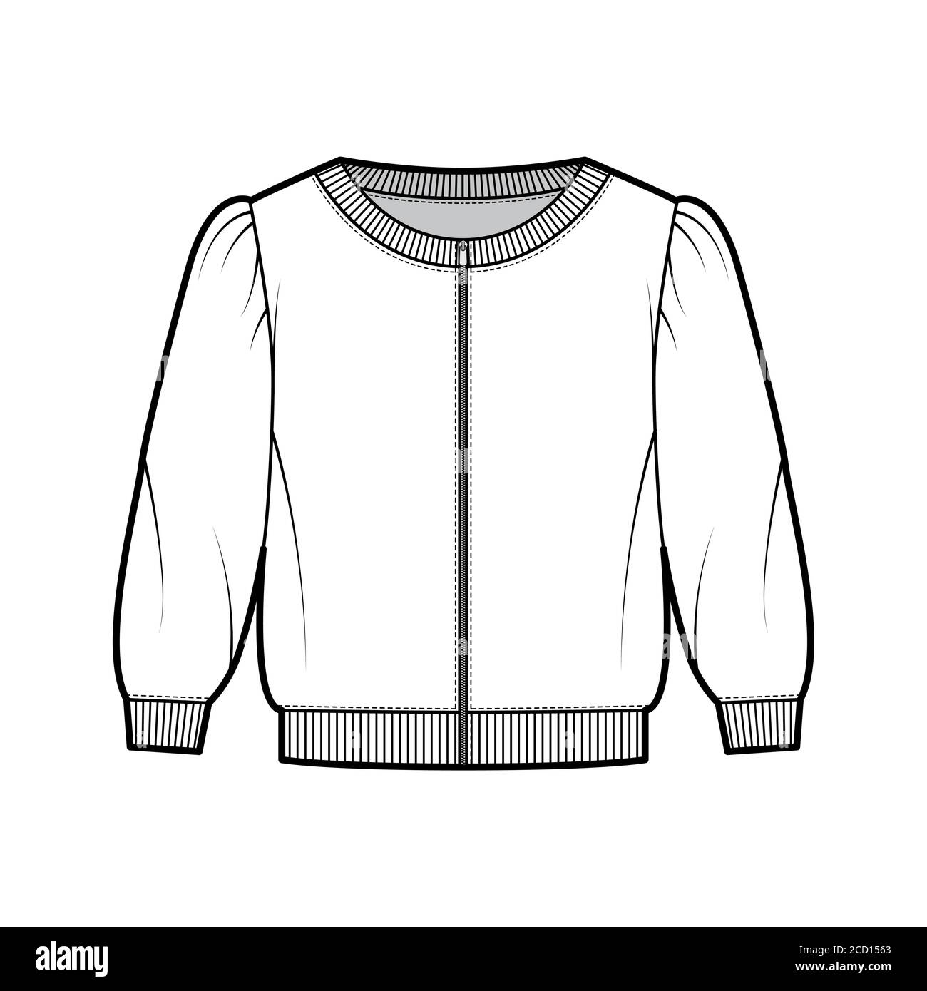 Zip-up cropped cotton-terry sweatshirt technical fashion illustration with scoop neckline, puffed shoulders, elbow sleeves. Flat outwear jumper apparel template front white color. Women men unisex top Stock Vector
