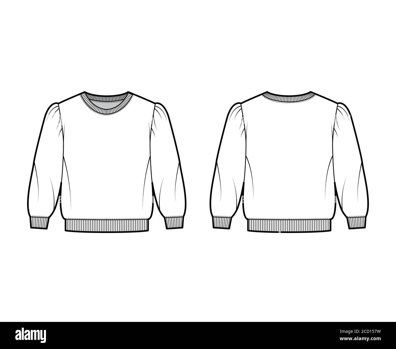 Cropped cotton-terry sweatshirt technical fashion illustration with puffed shoulders, elbow sleeves, ribbed trims. Flat outwear jumper apparel template front back white color. Women men unisex top CAD Stock Vector
