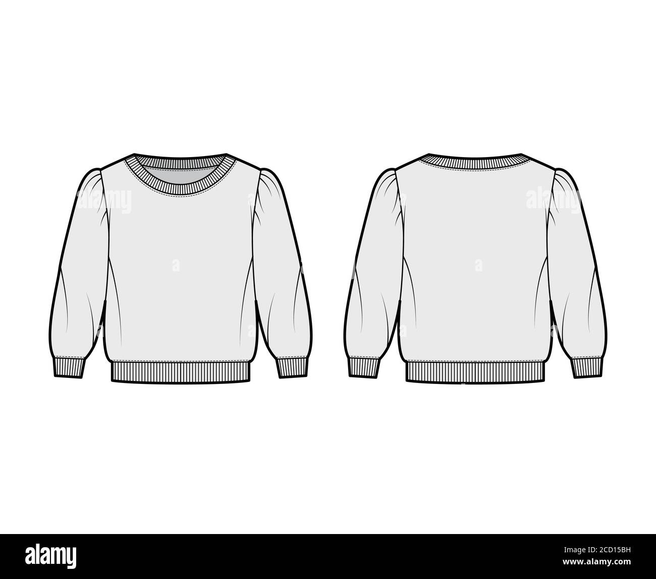 Cropped cotton-terry sweatshirt technical fashion illustration with scoop neckline, puffed shoulders, elbow sleeves. Flat outwear jumper apparel template front back grey color. Women, men unisex top Stock Vector