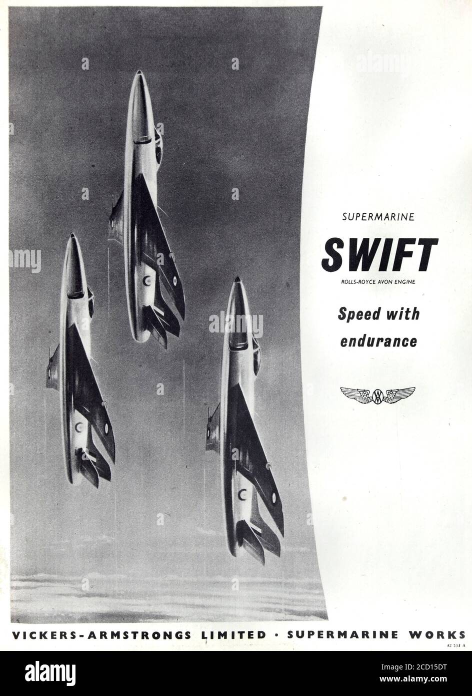 Vintage advertisement for the British Supermarine 535 or Swift military aircraft. Stock Photo