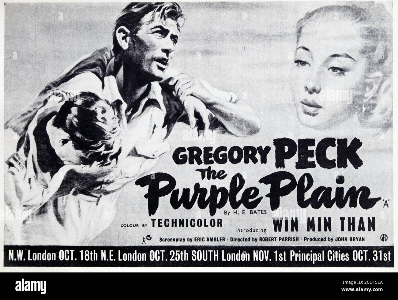 Vintage advertisement for the release of 'The Purple Plain' war / adventure film in 1954, starring Gregory Peck. Stock Photo