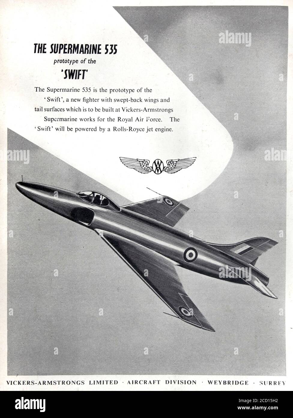 Vintage advertisement for the British Supermarine 535 or Swift military aircraft. Stock Photo