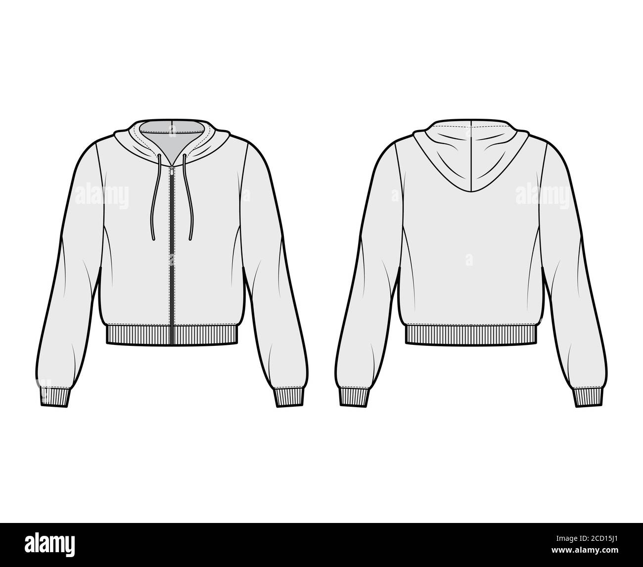 Zip-up cotton-fleece hoodie technical fashion illustration with relaxed ...