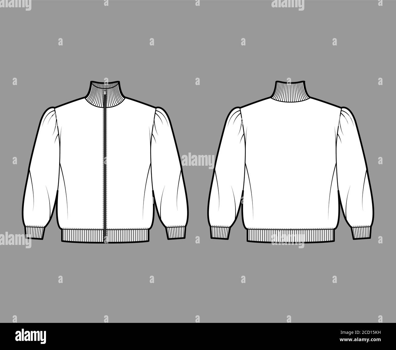 Zip-up turtleneck cropped cotton-terry sweatshirt technical fashion illustration with puffed shoulders, elbow sleeves. Flat outwear jumper apparel template front back white color. Women men unisex top Stock Vector