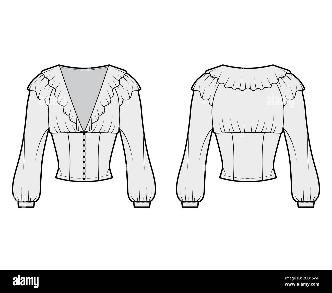 Ruffled cropped blouse technical fashion illustration with long bishop sleeves, puffed shoulders, front button fastenings. Flat apparel top template front, back grey color. Women men unisex shirt CAD Stock Vector