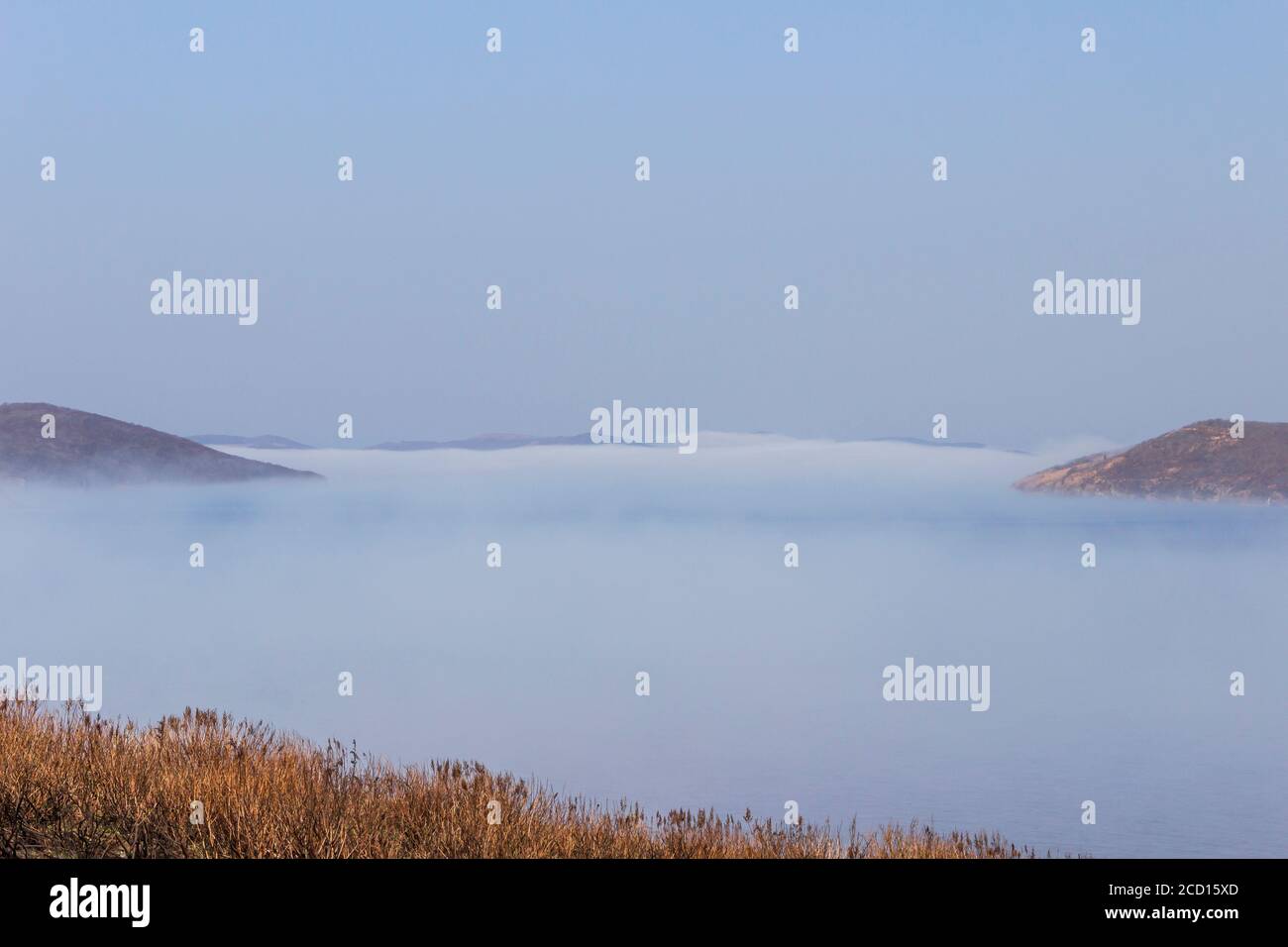 The sea and rocks covered with morning fog at Cape Tobizin on Russky Island in Vladivostok. Stock Photo