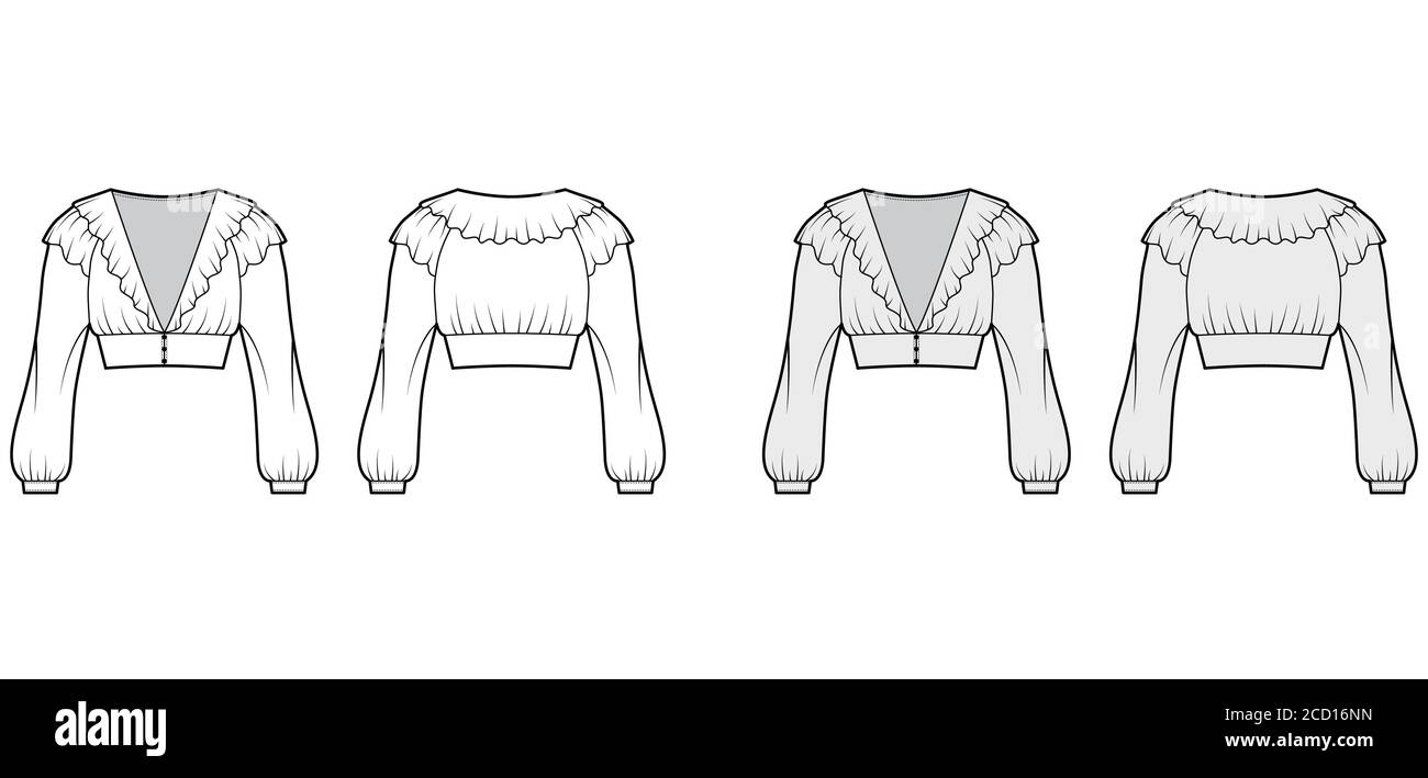 Ruffled cropped blouse technical fashion illustration with long bishop sleeves, puffed shoulders, front button fastenings. Flat top template front, back white grey color. Women men unisex shirt CAD Stock Vector