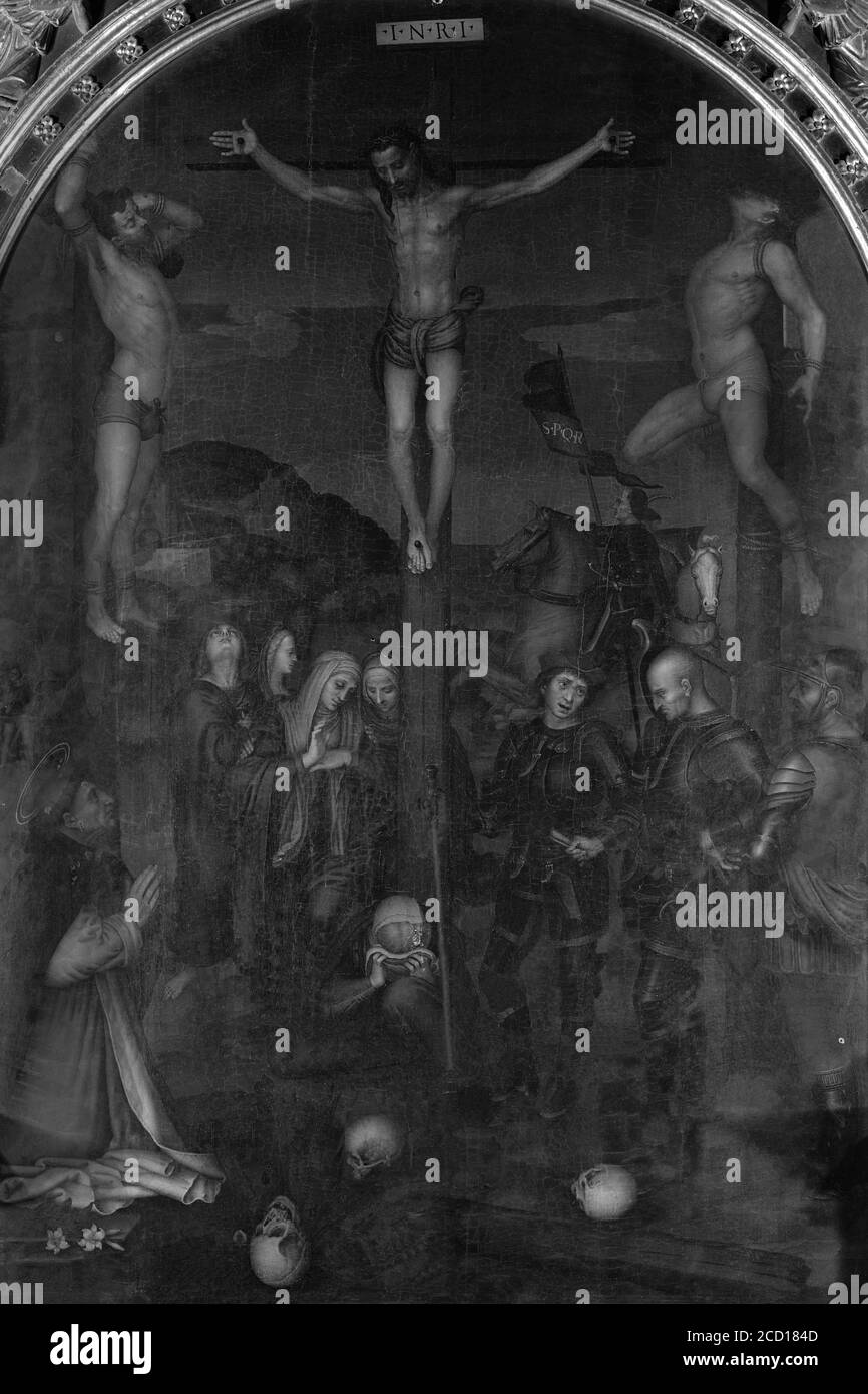 PINTURA DEL RETABLO DE LA CRUCIFIXION - SIGLO XVI - RENACIMIENTO ESPAÑOL -  FOTOGRAFIA EN BLANCO Y NEGRO - AÑOS 60. Author: FERNANDO YAÑEZ DE LA  ALMEDINA. Location: CATEDRAL-INTERIOR. BASIN. CUENCA. SPAIN.