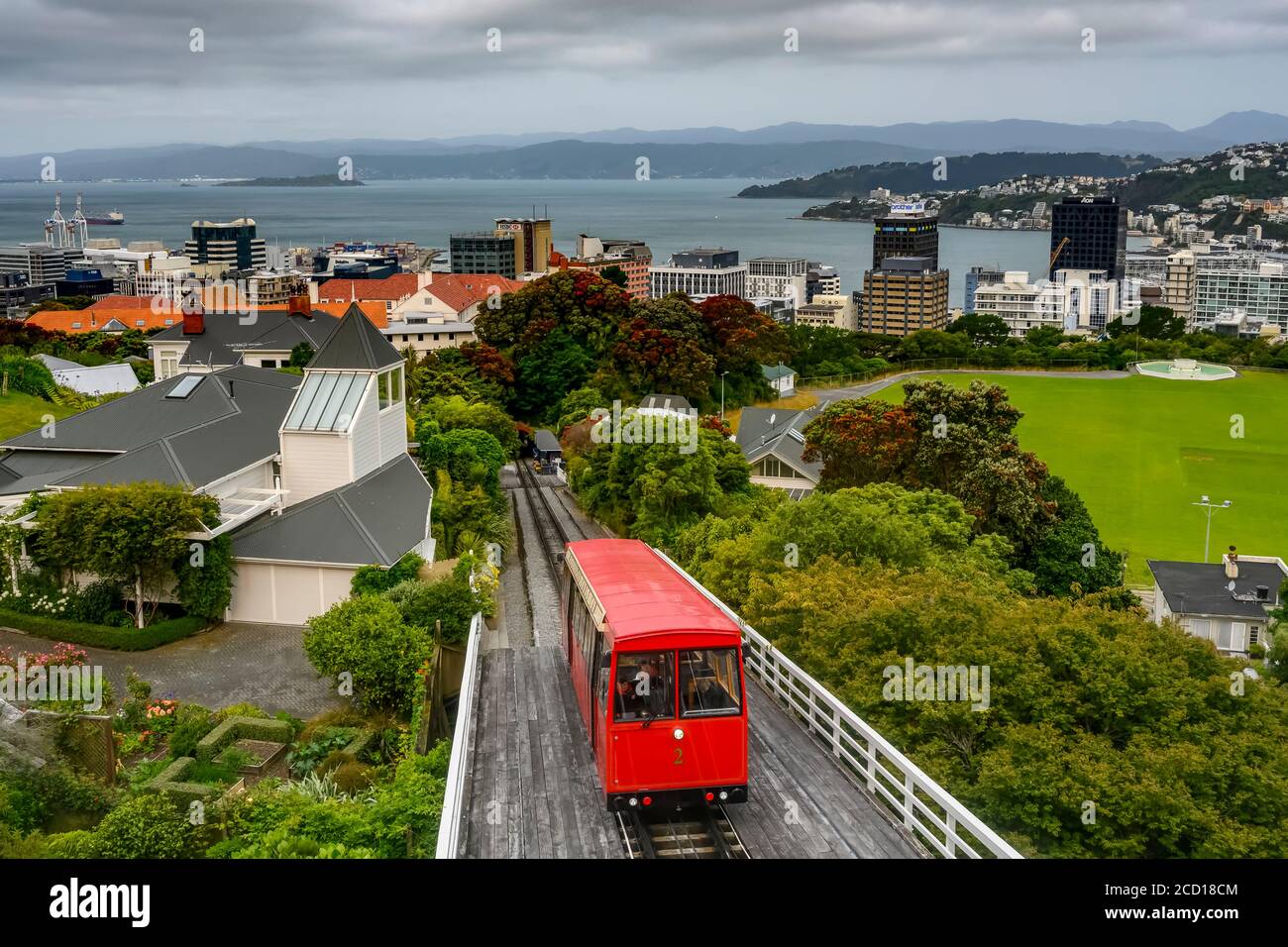 The Wellington Cable Car is a funicular railway in Wellington, New Zealand, between Lambton Quay, the main shopping street, and Kelburn, a suburb i... Stock Photo