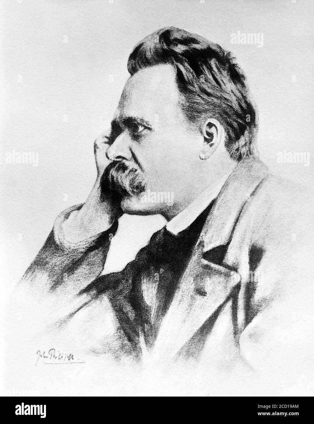Friedrich Nietzsche. Portrait of Friedrich Wilhelm Nietzsche (1844-1900), drawing from a photograph by Gustav-Adolf Schultze, 1882. Stock Photo