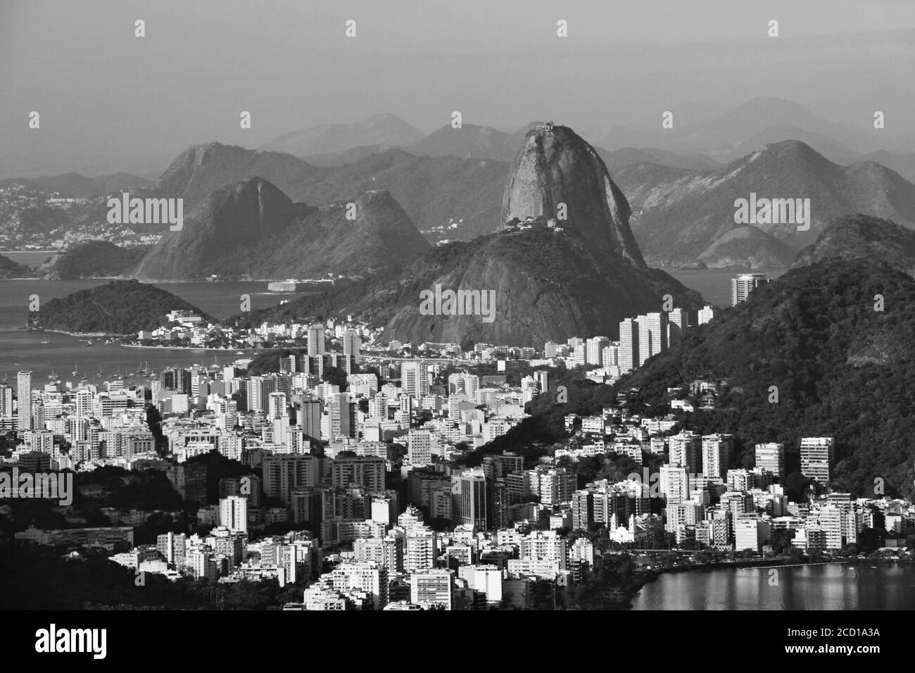 Sugar loaf and Guanabara bay in Rio de Janeiro Brazil enseada de Botafogo black and white photo Stock Photo