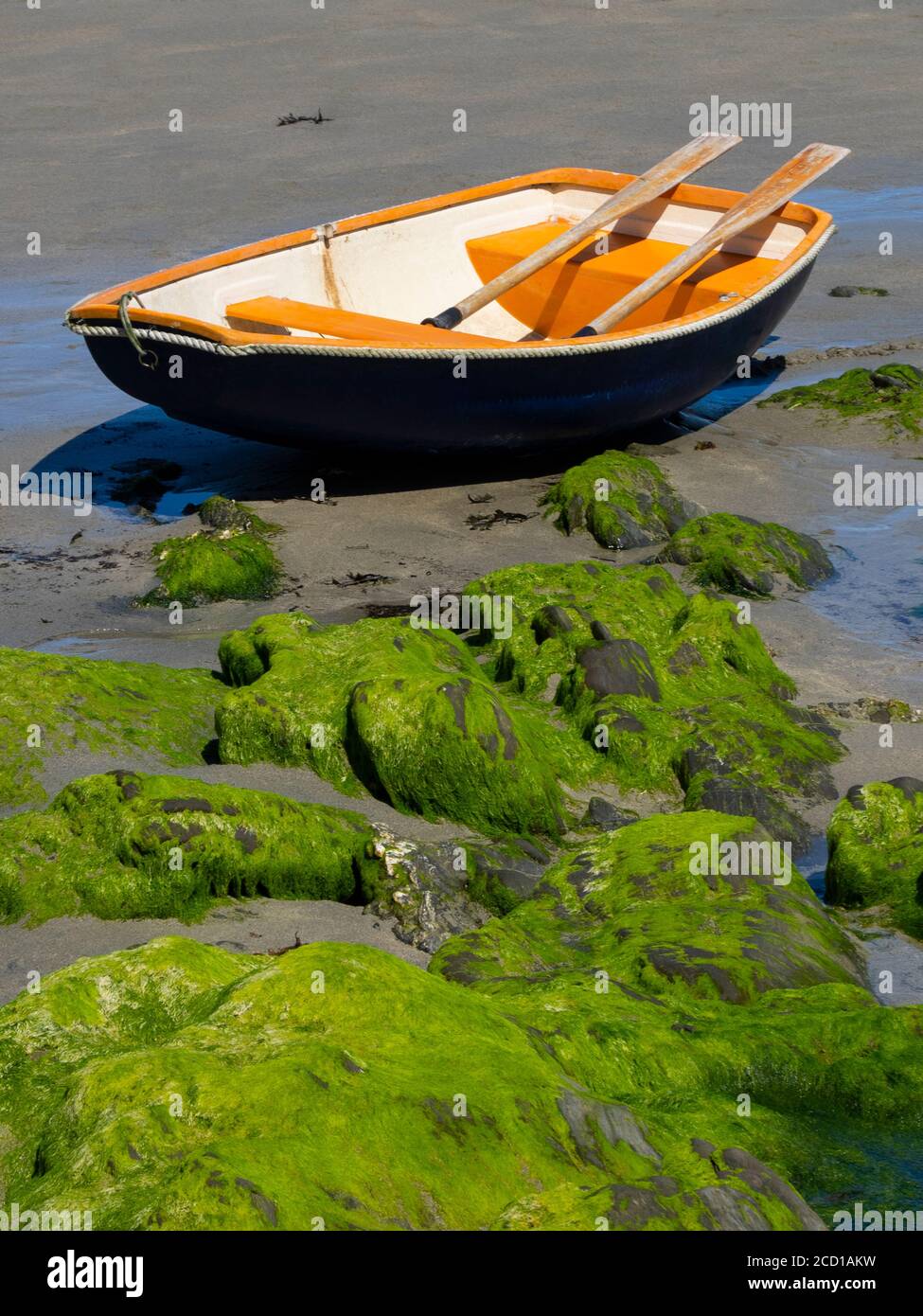 Orange rowing boat on the sand, Portscatho, Cornwall, UK Stock Photo