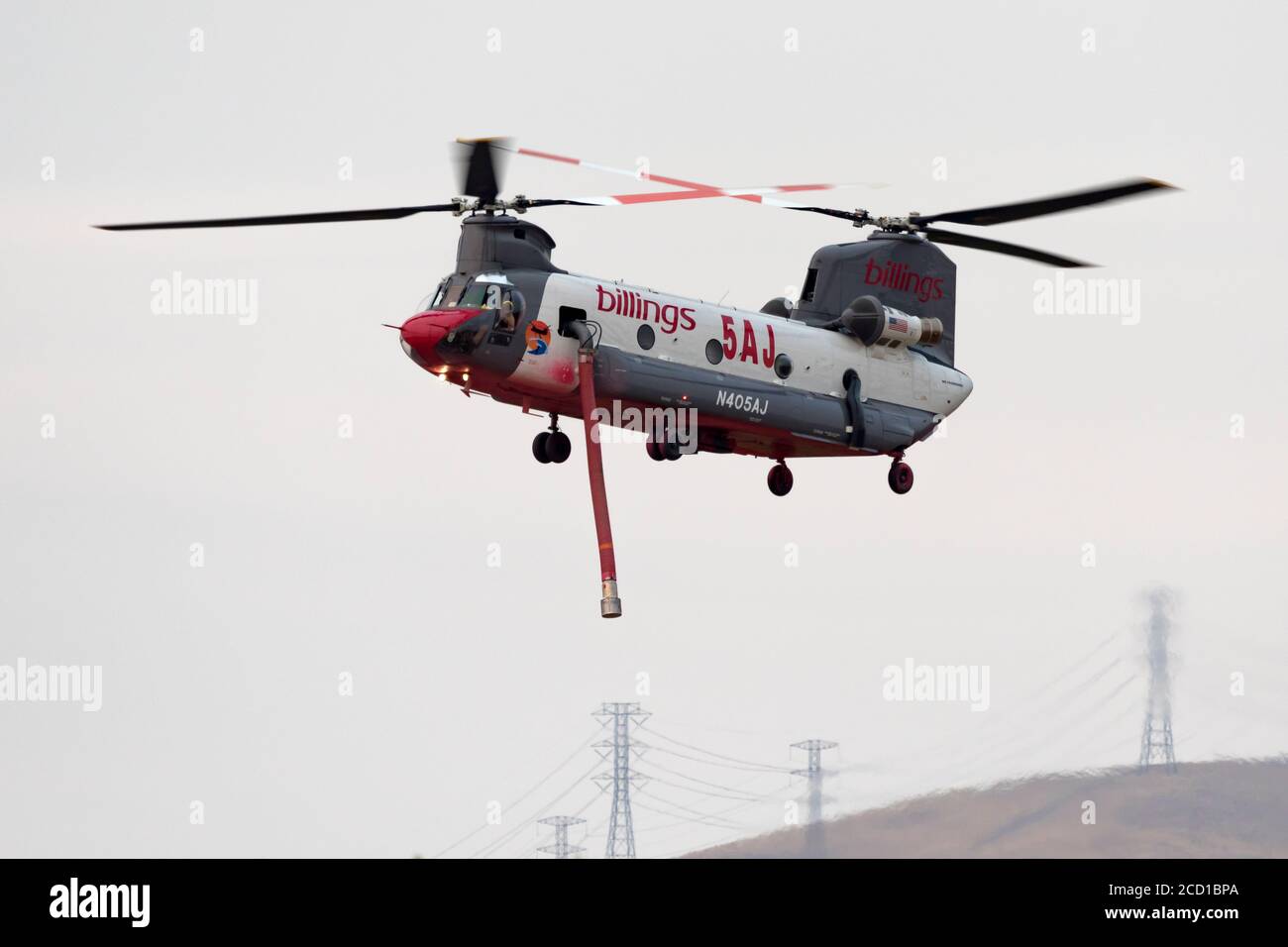 Boeing CH-47D Chinook N405AJ operating out of Meadowlark Field in Livermore, California, in response to the 2020 SCU Lightning Complex fires. Stock Photo