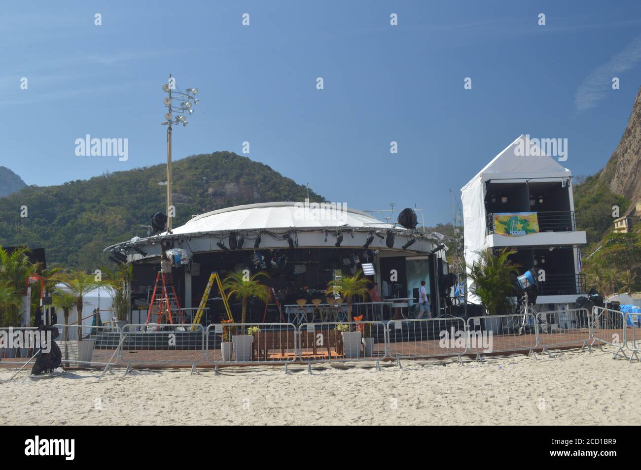 Copacabana Beach during the olympic games Rio 2016 Brazil olympic logo on the beach Stock Photo