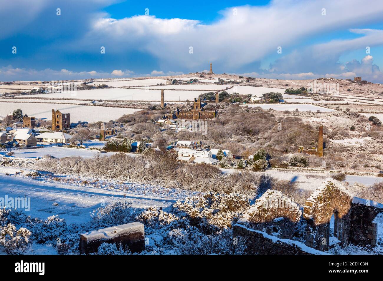 Carnkie and Carn Brea Monument; in Snow; Cornwall; UK Stock Photo