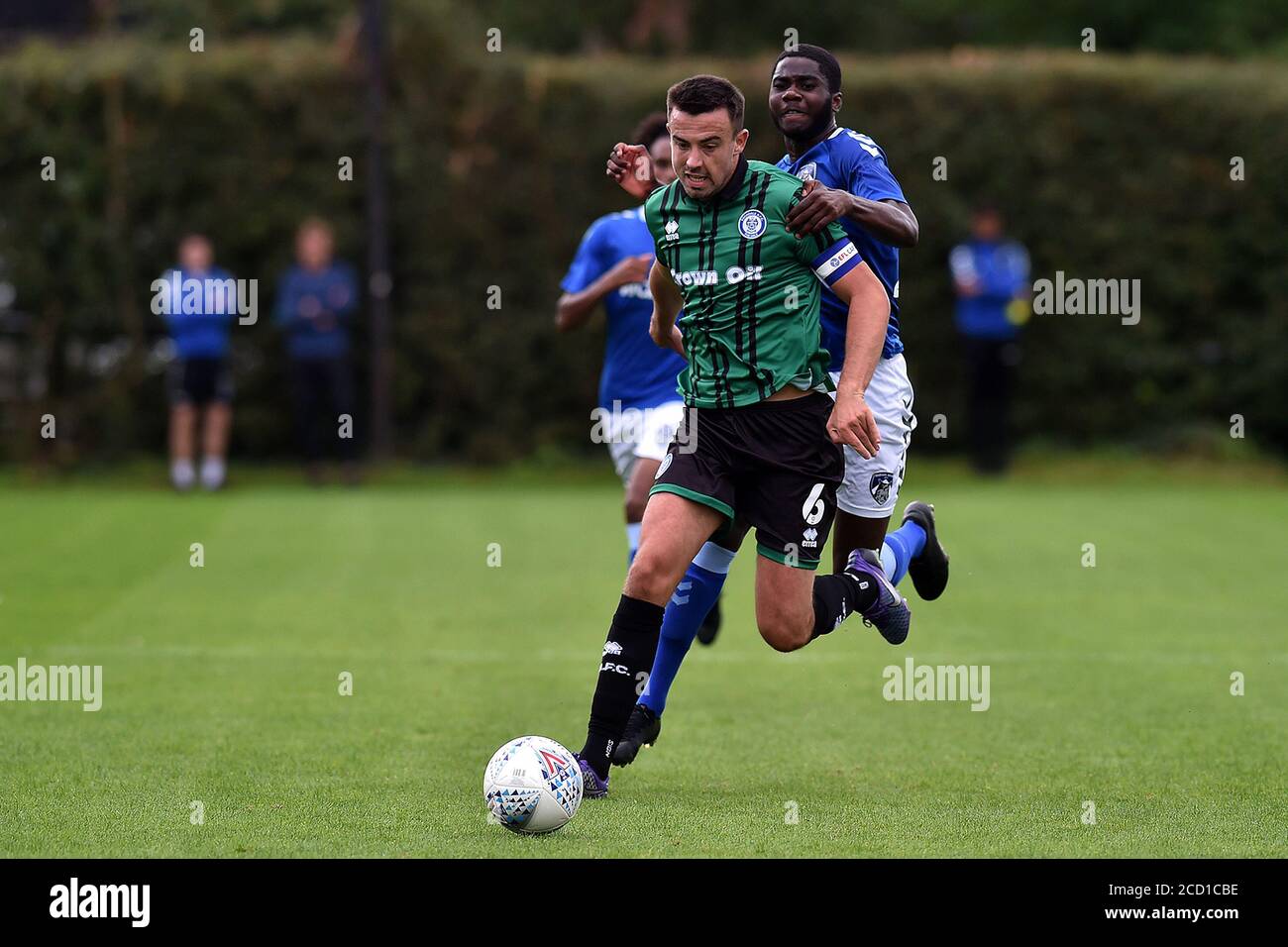 OLDHAM, UK. 25th Aug, 2020. Oldham Athletic's Junior Luambo and Rochdale's Eoghan O'Connell during the Pre-season Friendly match between Oldham Athletic and Rochdale at Chapel Road, Oldham (Credit: Eddie Garvey | MI News) Credit: MI News & Sport /Alamy Live News Stock Photo