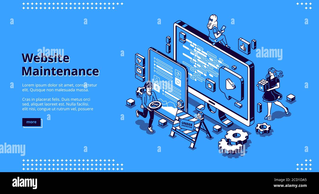 Website maintenance banner. Concept of update internet software, development and management webpages. Vector landing page of site under construction with isometric working people and computer screen Stock Vector