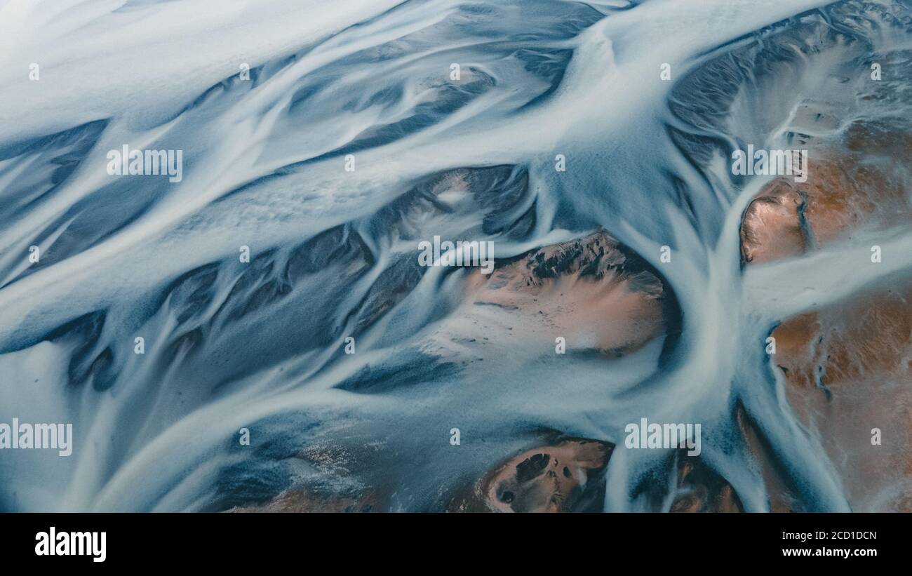 A glacial rivers from above. Aerial photograph of the river streams ...